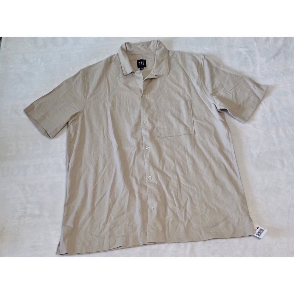 GAP mens medium khaki NWT $50 linen blend button down collared t shirt pocket